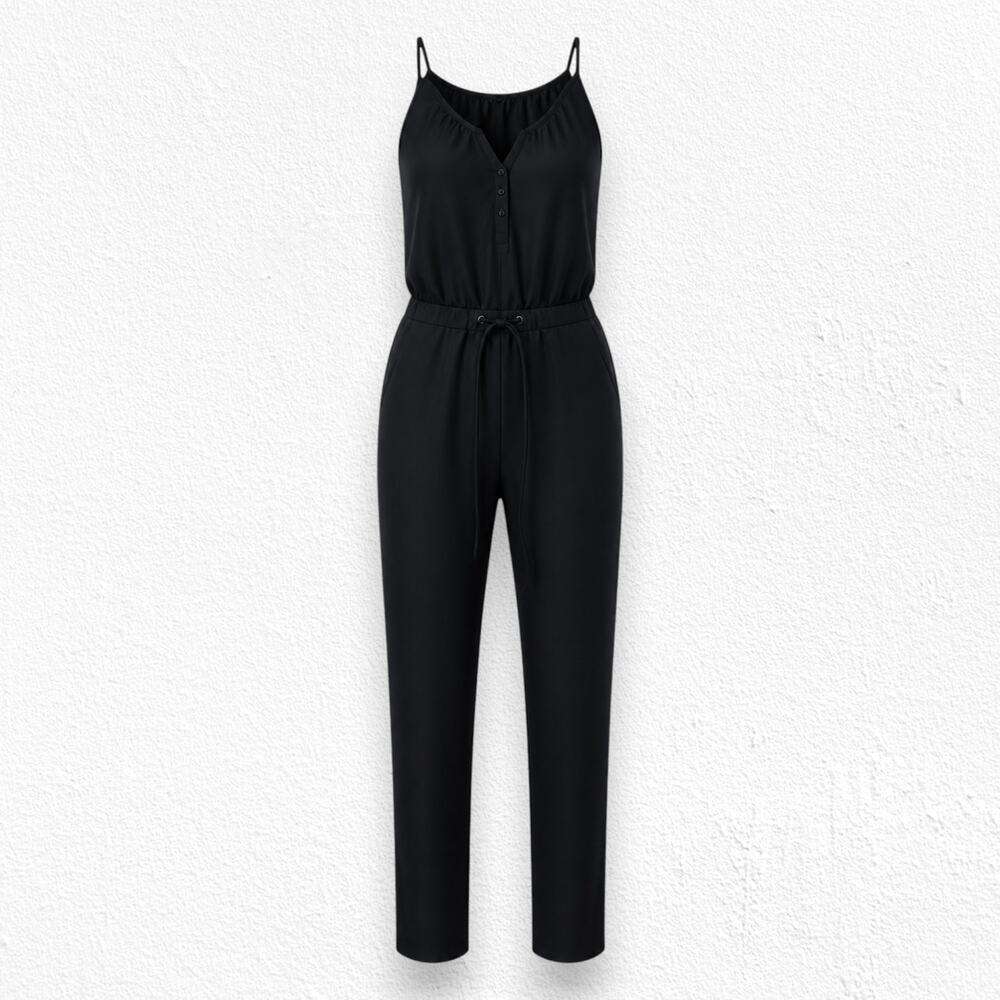 Drew Black Jumpsuit V Neck Drawstring Waist Spaghetti Strap Pockets Size Small